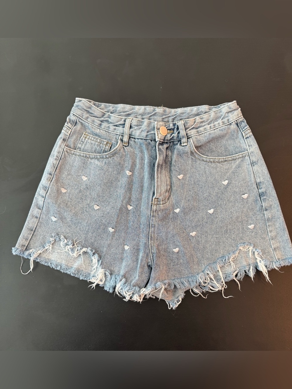 Kittenish Light Blue Denim Shorts with White Heart Embroidery